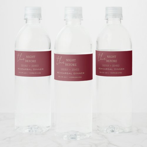 Burgundy the Night Before Rehearsal Dinner Party Water Bottle Label