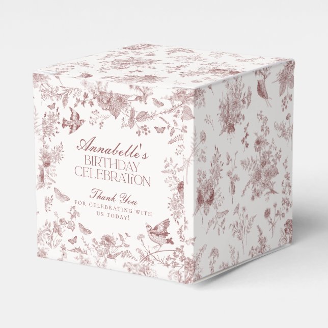 Burgundy Toile De Jouy Floral Birthday Favor Box (Front Side)