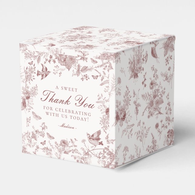 Burgundy Toile De Jouy Floral Dessert Favor Boxes (Front Side)