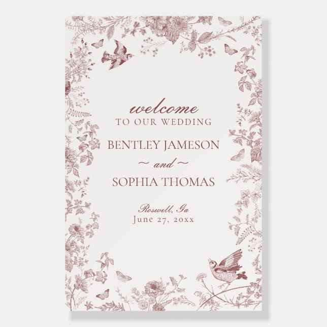 Burgundy Toile De Jouy Floral Wedding Welcome Sign (Front)