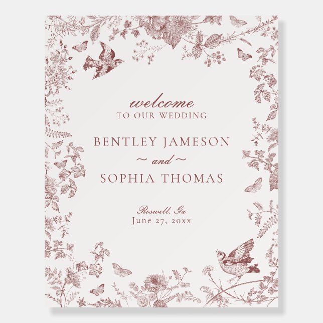 Burgundy Toile De Jouy Floral Wedding Welcome Sign (Front)