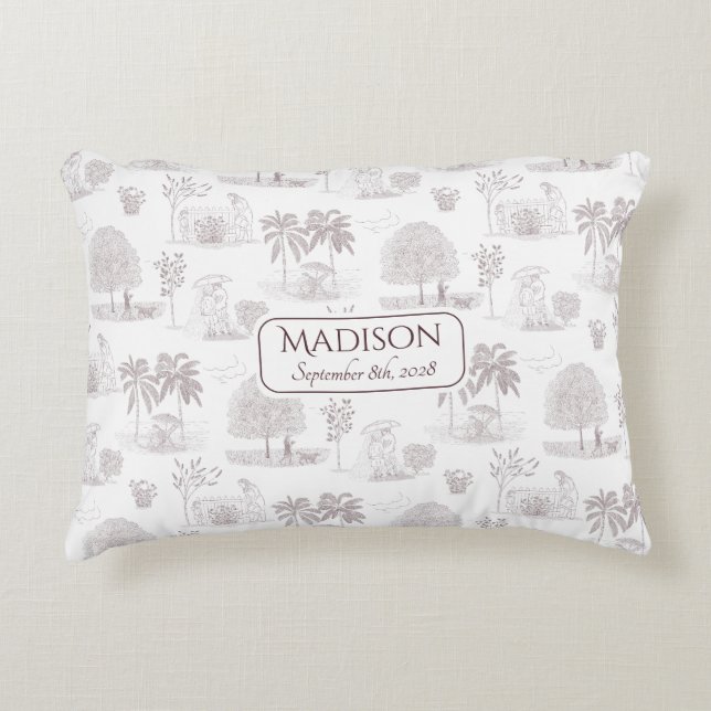 Burgundy Toile de Jouy Name Birth Date Baby Accent Pillow (Front)