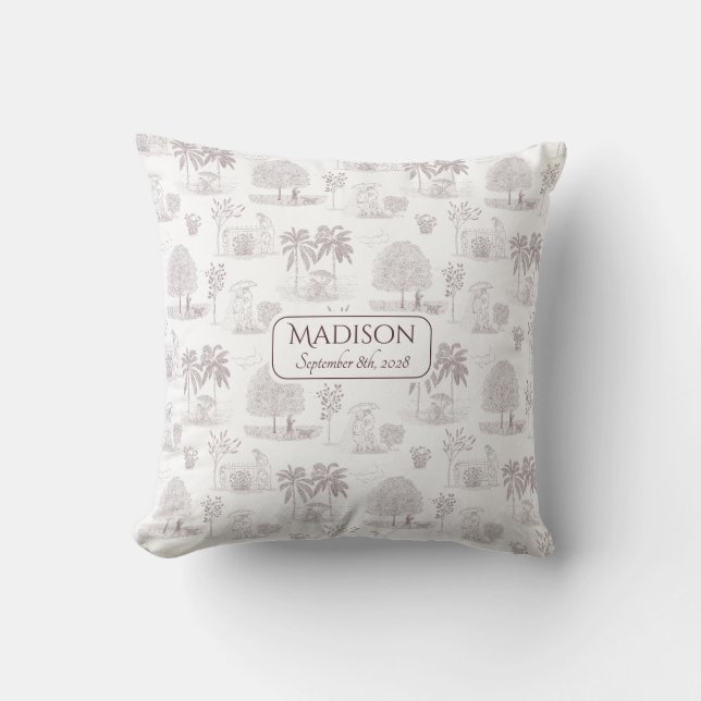 Burgundy Toile de Jouy Name Birth Date Baby Throw Pillow (Front)