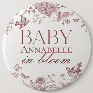Burgundy Toile De Jouy Vintage Floral Baby Shower Button