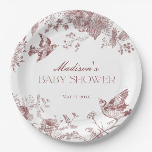 Burgundy Toile De Jouy Vintage Floral Baby Shower Paper Plates