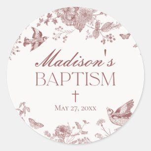 Burgundy Toile De Jouy Vintage Floral Baptism Classic Round Sticker