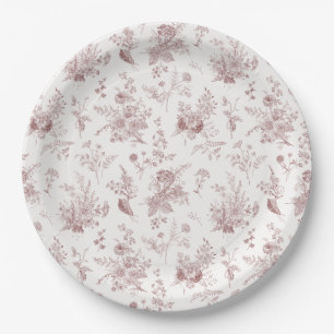 Burgundy Toile De Jouy Vintage Floral Chinoiserie Paper Plates