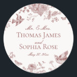 Burgundy Toile De Jouy Vintage Floral Wedding Classic Round Sticker<br><div class="desc">Elevate your autumn celebrations with our Fall Toile party decor, featuring detailed floral burgundy toile on a warm white background. This French-inspired Chinoiserie design exudes elegance and sophistication, perfect for fall gatherings in September, October, or November. The intricate toile de Jouy pattern captures the crisp, cozy essence of fall, creating...</div>