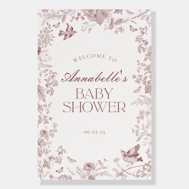 Burgundy Toile Floral Baby Shower Welcome Sign (Front)