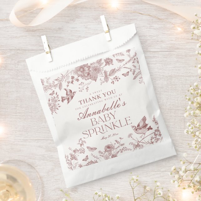 Burgundy Toile Floral Baby Sprinkle Dessert Favor Bag (Clipped)