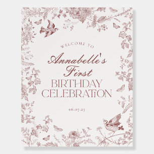 Burgundy Toile Floral Birthday Party Welcome Sign