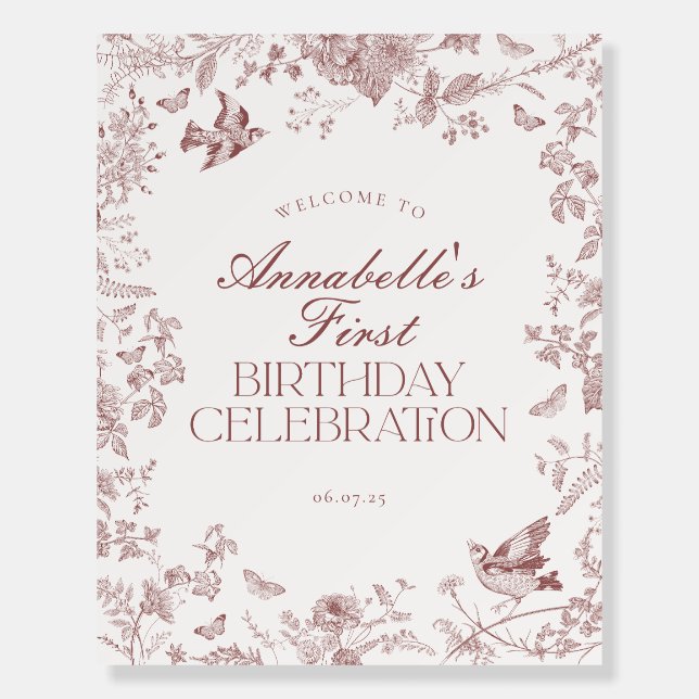 Burgundy Toile Floral Birthday Party Welcome Sign (Front)