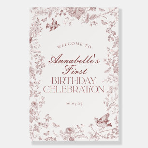 Burgundy Toile Floral Birthday Party Welcome Sign