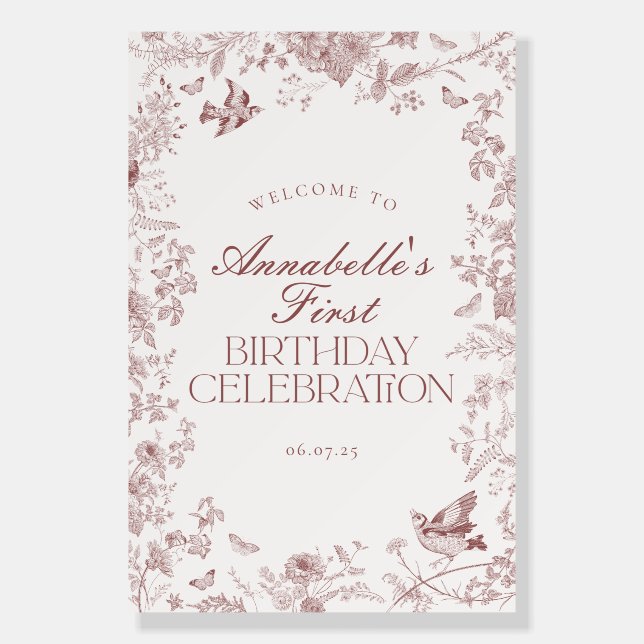 Burgundy Toile Floral Birthday Party Welcome Sign (Front)