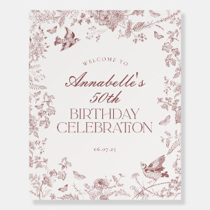 Burgundy Toile Floral Birthday Party Welcome Sign