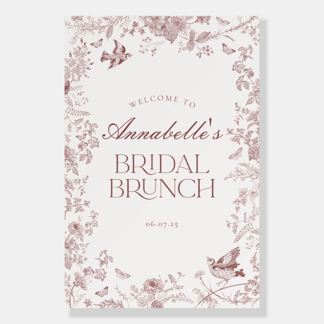 Burgundy Toile Floral Bridal Brunch Welcome Sign (Front)