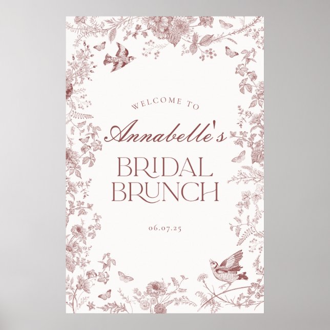 Burgundy Toile Floral Bridal Brunch Welcome Sign (Front)
