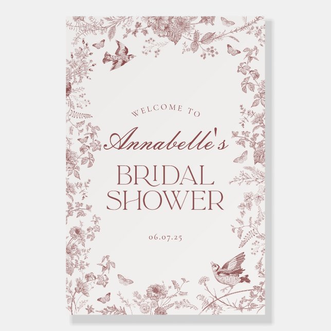 Burgundy Toile Floral Bridal Shower Welcome Sign (Front)