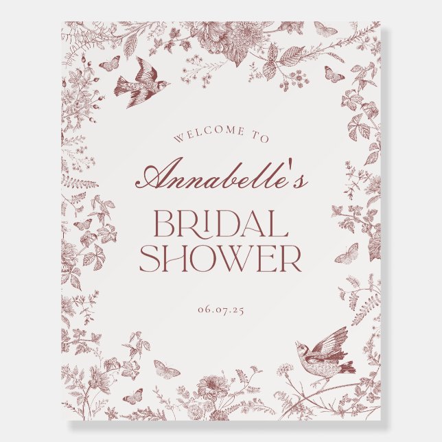 Burgundy Toile Floral Bridal Shower Welcome Sign (Front)