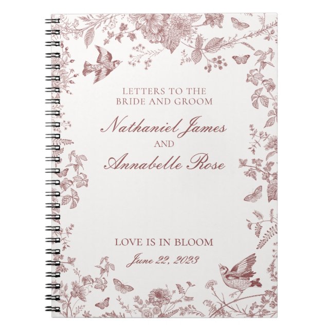 Burgundy Toile Wedding Letters Bride and Groom Notebook (Front)