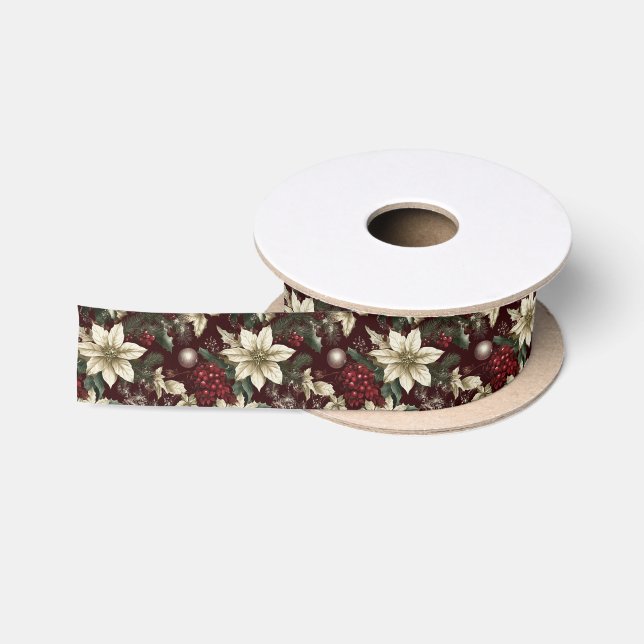 Burgundy Traditional Christmas Floral Satin Ribbon (Spool)