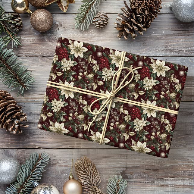 Burgundy Traditional Christmas Floral Wrapping Paper (Creator Uploaded)