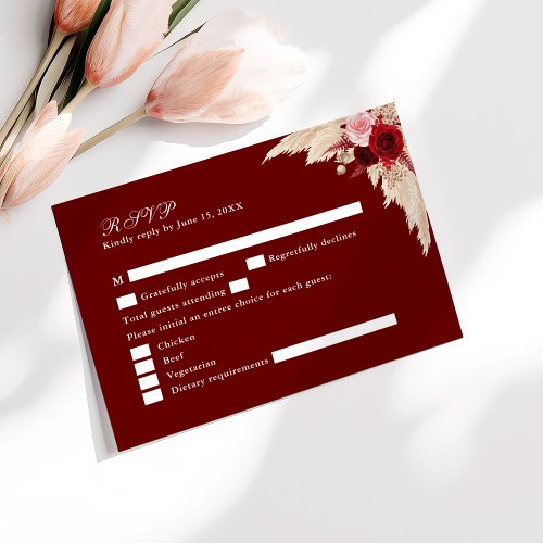 Burgundy Tropical Roses Wedding RSVP Card