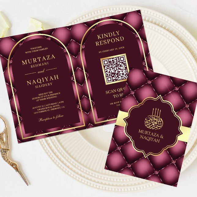 Burgundy Tufted Pattern QR Code Muslim Wedding Invitation (Creator Uploaded)