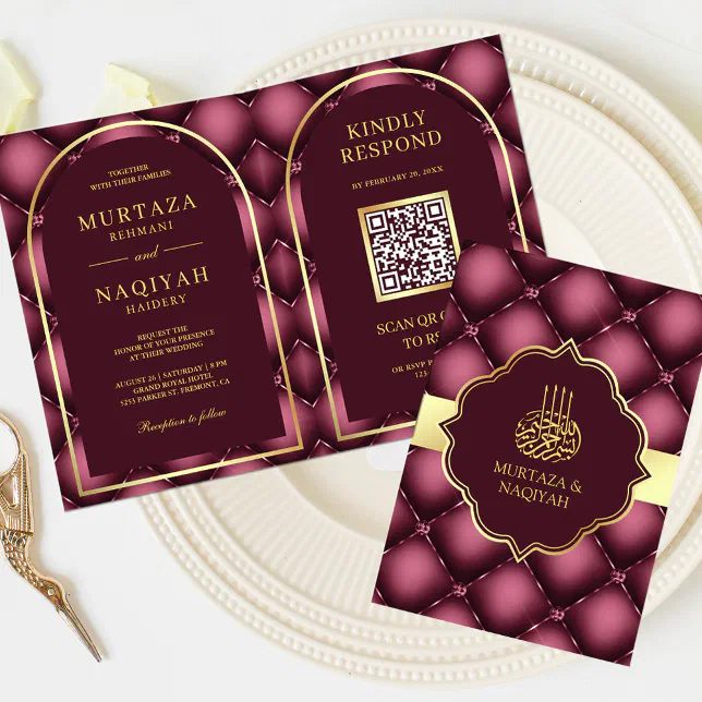 Burgundy Tufted Pattern QR Code Muslim Wedding Invitation | Zazzle