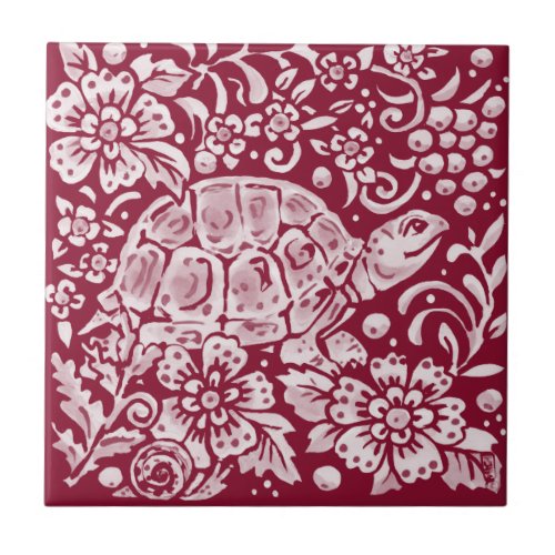 Burgundy Turtle Snail Floral Forest Garden Animal  Ceramic Tile