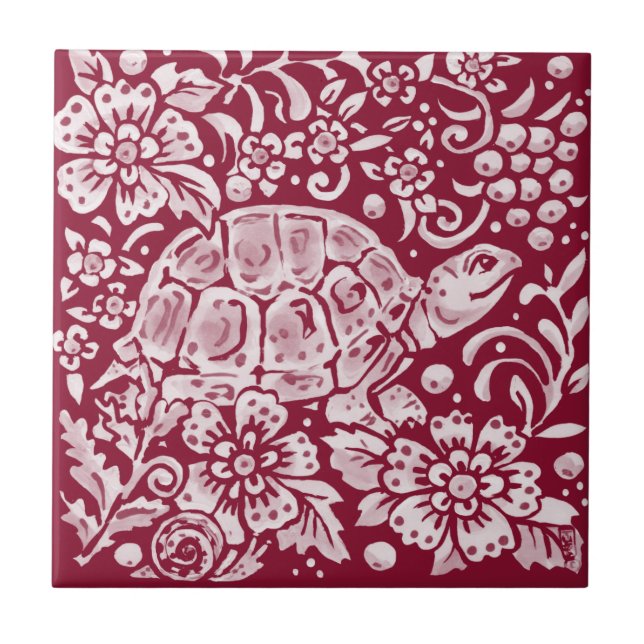 Burgundy Turtle Snail Floral Forest Garden Animal  Ceramic Tile (Front)