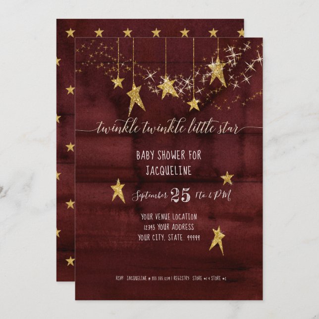 Burgundy Twinkle Little Star Gold Girl Baby Shower Invitation (Front/Back)