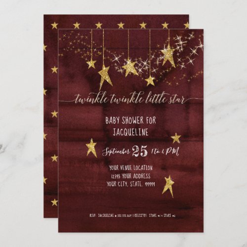 Burgundy Twinkle Little Star Gold Girl Baby Shower Invitation