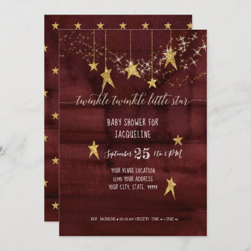 Burgundy Twinkle Little Star Gold Girl Baby Shower Invitation