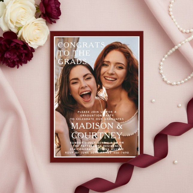 Burgundy Two Grads Photo Graduation Party Acrylic Invitations (Creator Uploaded)