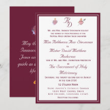 Burgundy Two Hearts Catholic Wedding Invitation