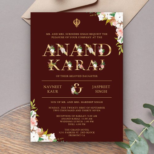 Burgundy Typography Anand Karaj Sikh Wedding Invitation