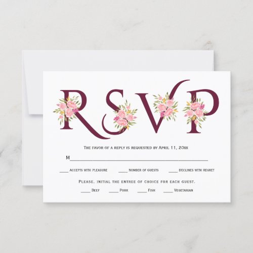 Burgundy typography and pink roses RSVP card