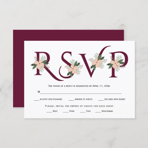 Burgundy typography and white flower RSVP card