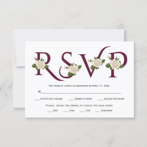 Burgundy typography and white roses RSVP card