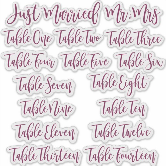 Burgundy Typography Just Married, Mr & Mrs & Table Sticker (Front)