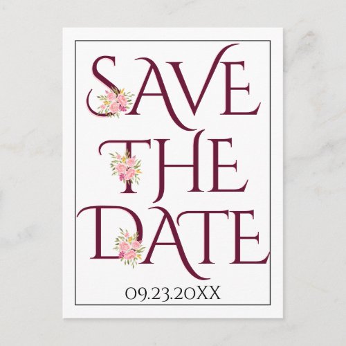 Burgundy typography roses wedding Save the Date Postcard