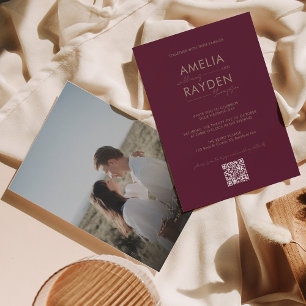 Burgundy Typography Script Photo QR Code Wedding Invitation