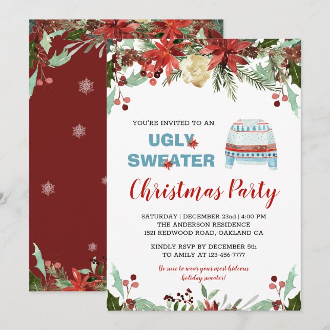 Burgundy Ugly Sweater Christmas Invitation (Front/Back)