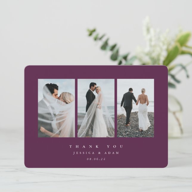 Burgundy Ultra Minimal Triple Photo Wedding Flat Thank You Card (Standing Front)