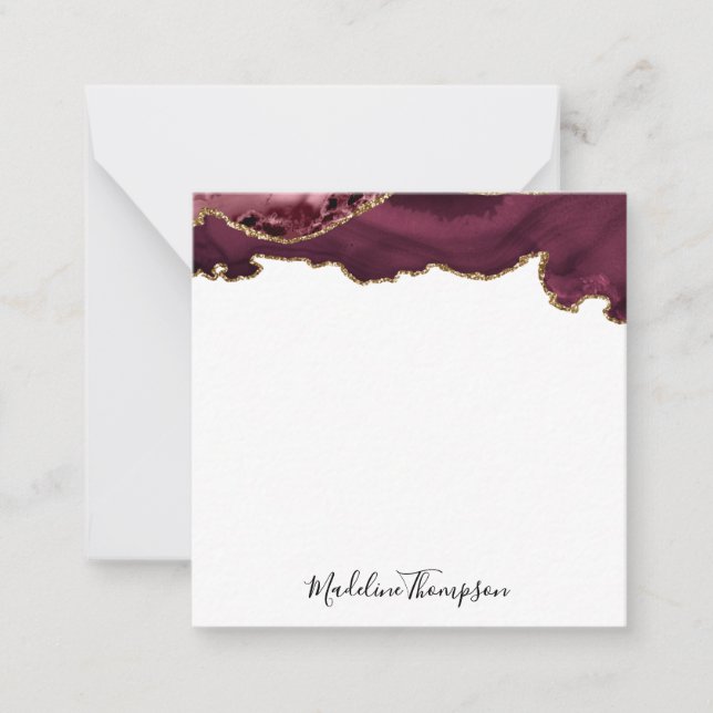Burgundy Velvet Agate Geode Script Square 2 Note Card (Front)