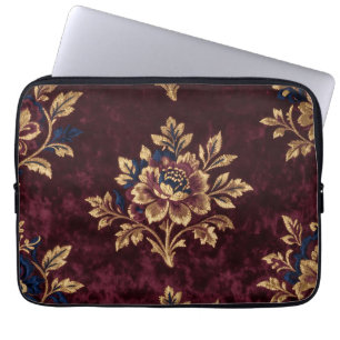 Burgundy Velvet Peony Gold Embroidery Floral  Laptop Sleeve