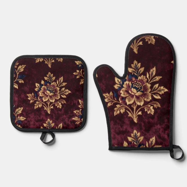 Burgundy Velvet Peony Gold Embroidery Floral  Oven Mitt & Pot Holder Set (Front)