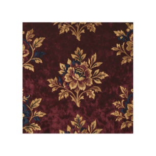 Burgundy Velvet Peony Gold Embroidery Floral Wood Wall Art