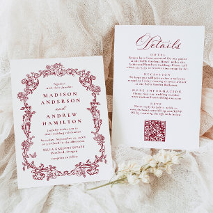 Burgundy Victorian Floral All in One Wedding Invitation